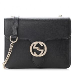 Authentic GUCCI Small Interlocking G Shoulder Bag -Black with Silver Hardware